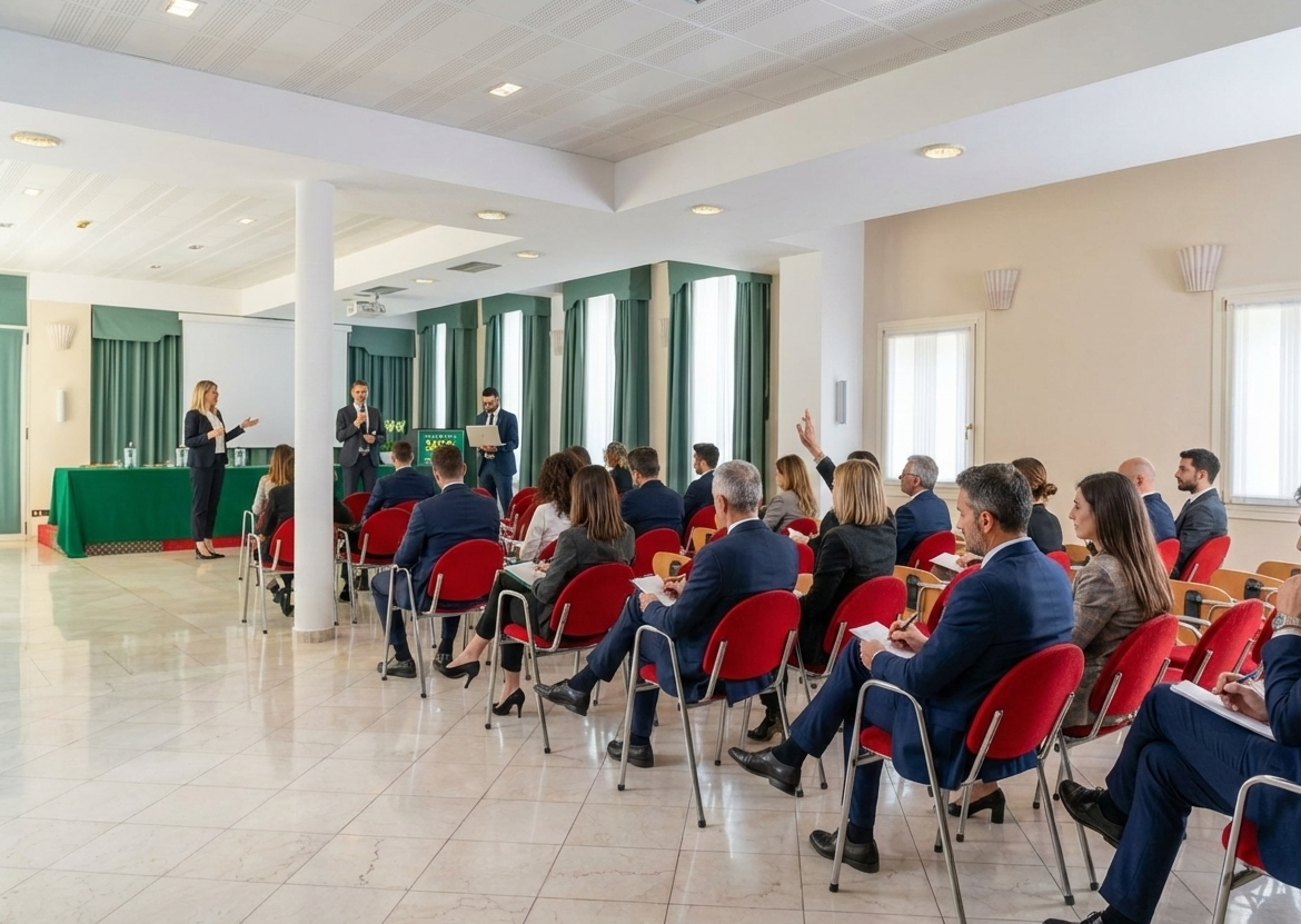 Sala conferenze con ospiti in seduta.